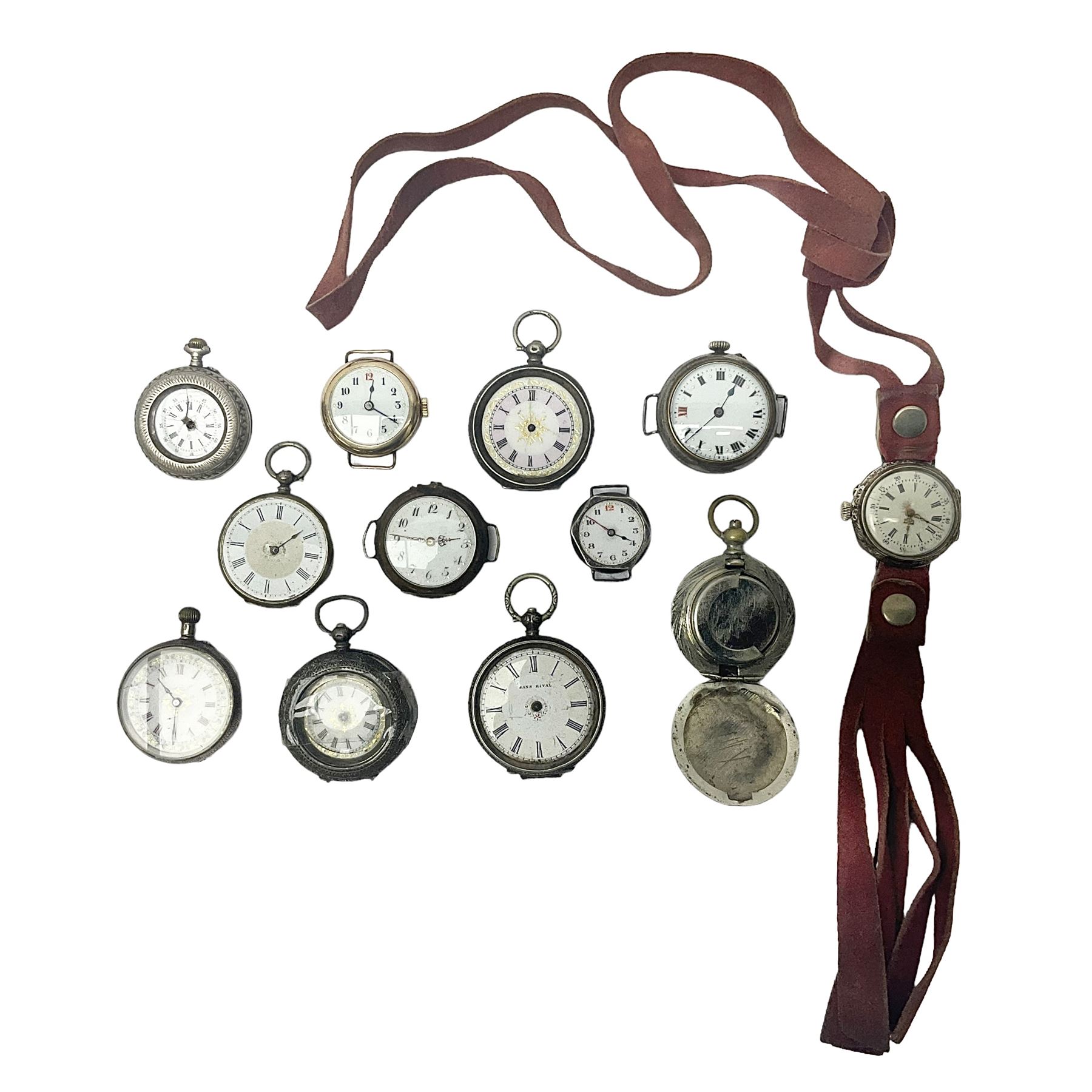 Collection of silver fob watches and wristwatches, some examples with enamel dials, together with silver plated examples 