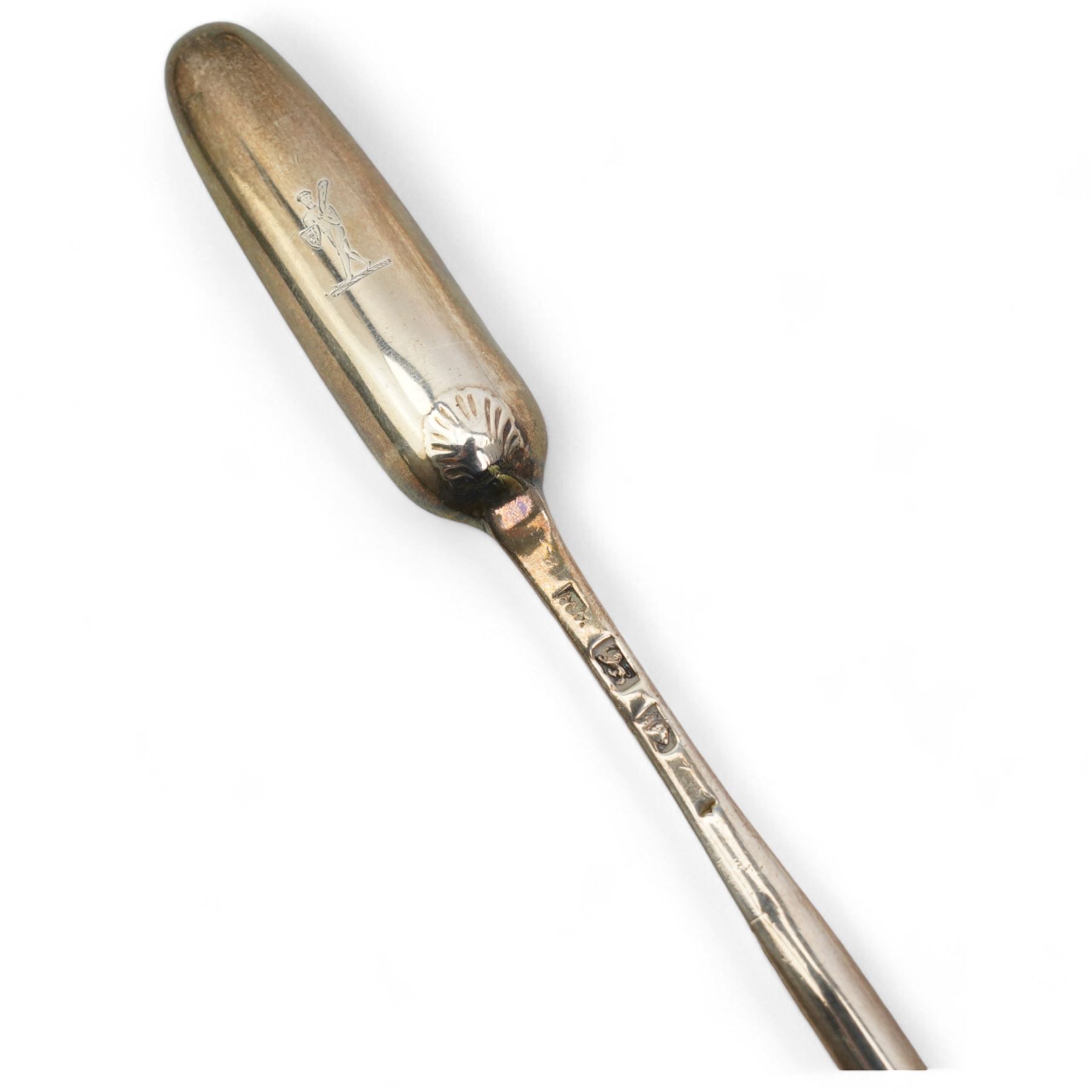 George III silver Old English pattern soup ladle with bright cut decoration London 1776 Maker possibly William Plummer and a George III silver double ended marrow scoop Maker possibly William Williams II