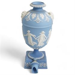 Group of five late 19th and early 20th century Wedgwood blue jasperware urn vases, H28cm and smaller (5)