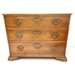 19th century oak chest, chamfered top, three long cockbeaded drawers, bracket supports 