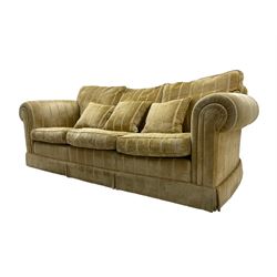 Duresta England - three-seat sofa, upholstered in pale gold fabric, traditional shape with rolled arms