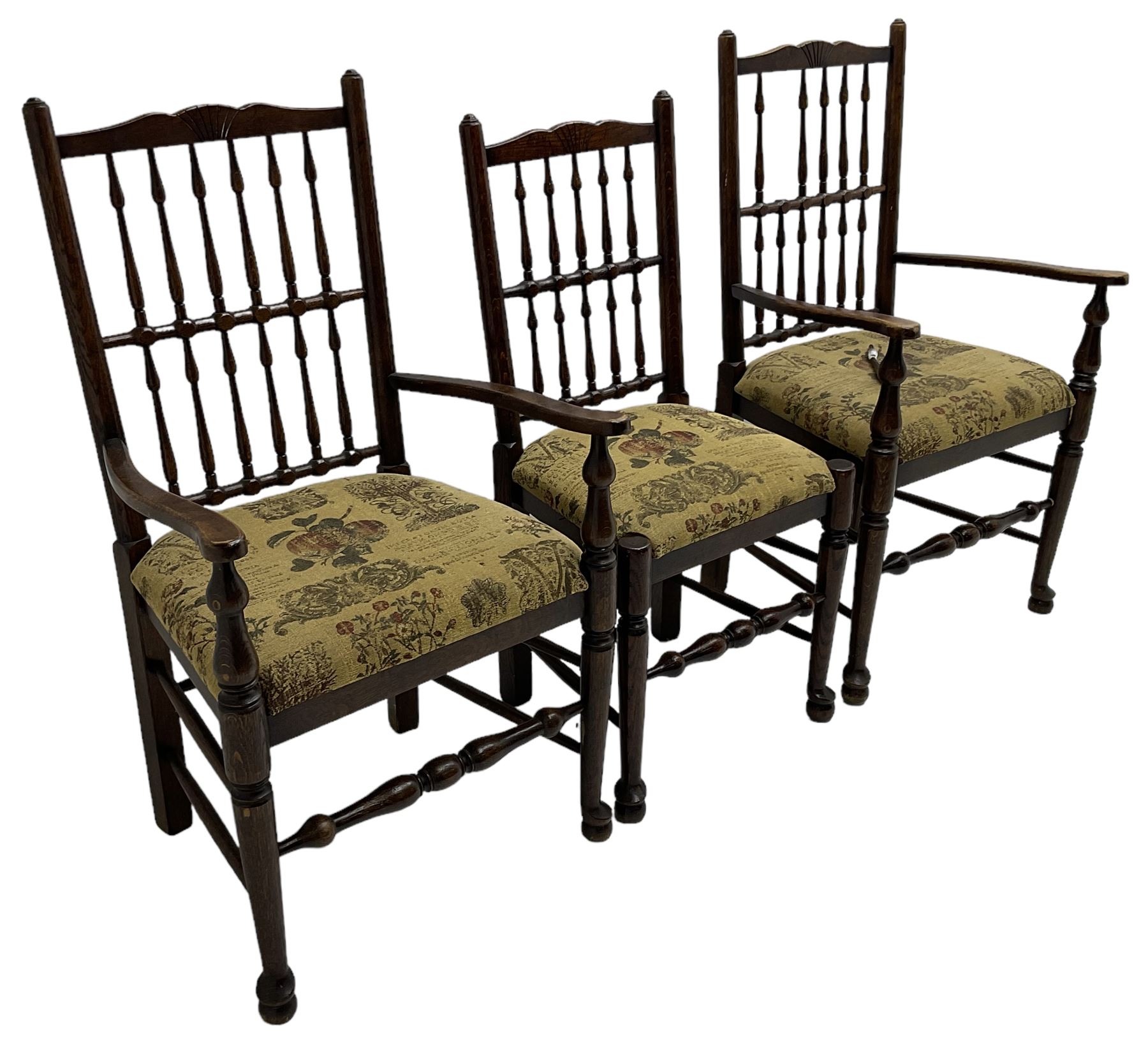 Set of six (4+2) 20th century oak spindle back dining chairs, with upholstered drop-on seat cushions, turned supports joined by turned stretchers