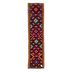 Flatweave geometric design runner rug, decorated with trailing lozenges decorated with hooked motifs, within zig-zag bands, bright multi-coloured ground 