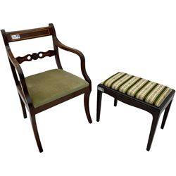 Georgian design mahogany framed elbow chair (W55cm); rectangular stool with upholstered drop-in seat (2)