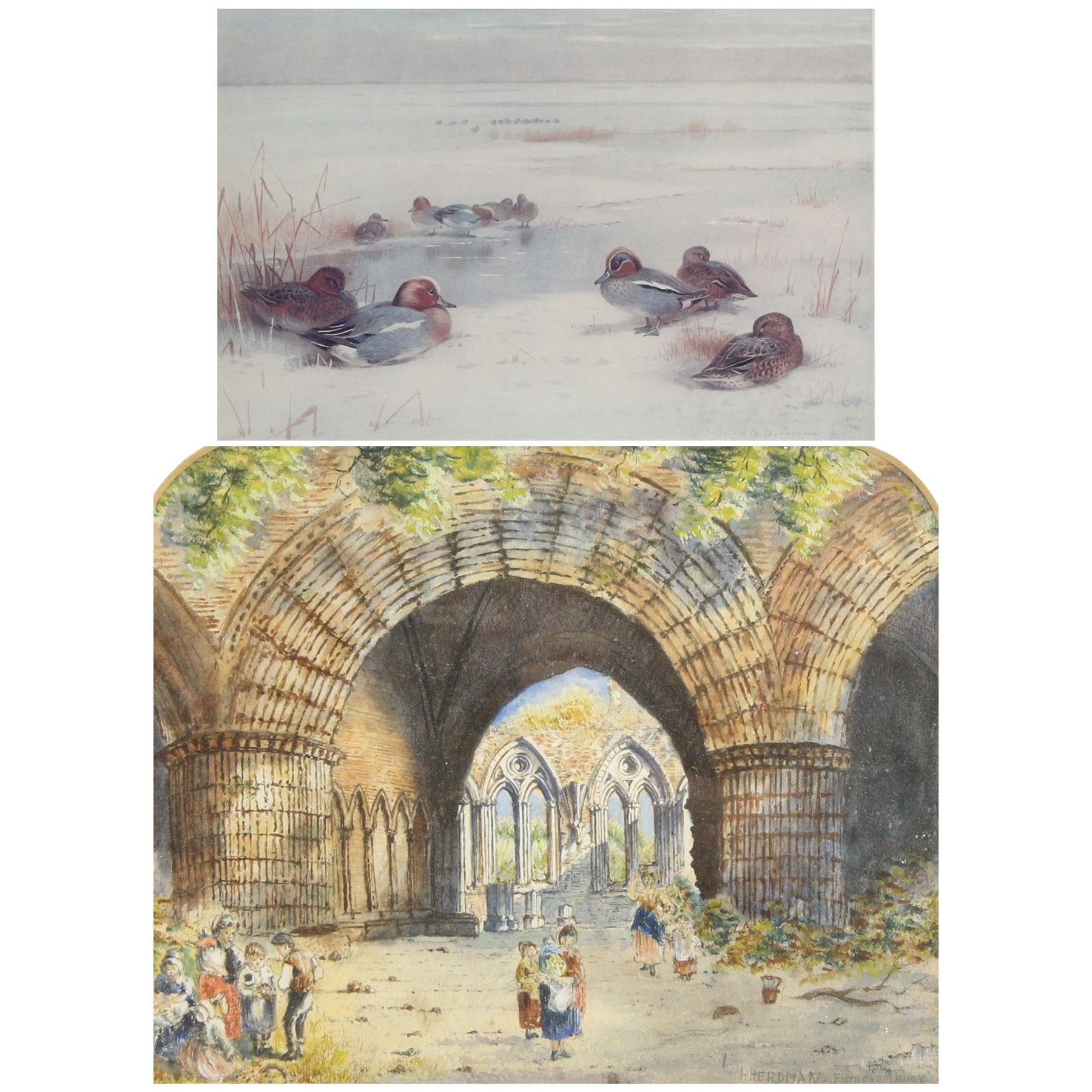 H Herdman (British 19th/20th Century): 'Furness Abbey', watercolour signed and titled together with an Archibald Thorburn print signed in pencil max 21cm x 31cm (2)