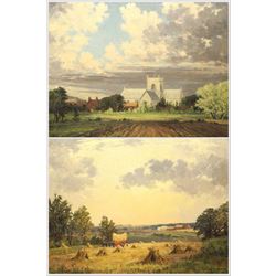 Clive Richard Browne (British 1901-1991): 'Old Time Harvest' and Church Landscape, pair oils on canvas signed 39cm x 49cm (2)