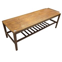 Remploy teak coffee table, rectangular top on tapering supports joined by under-tier