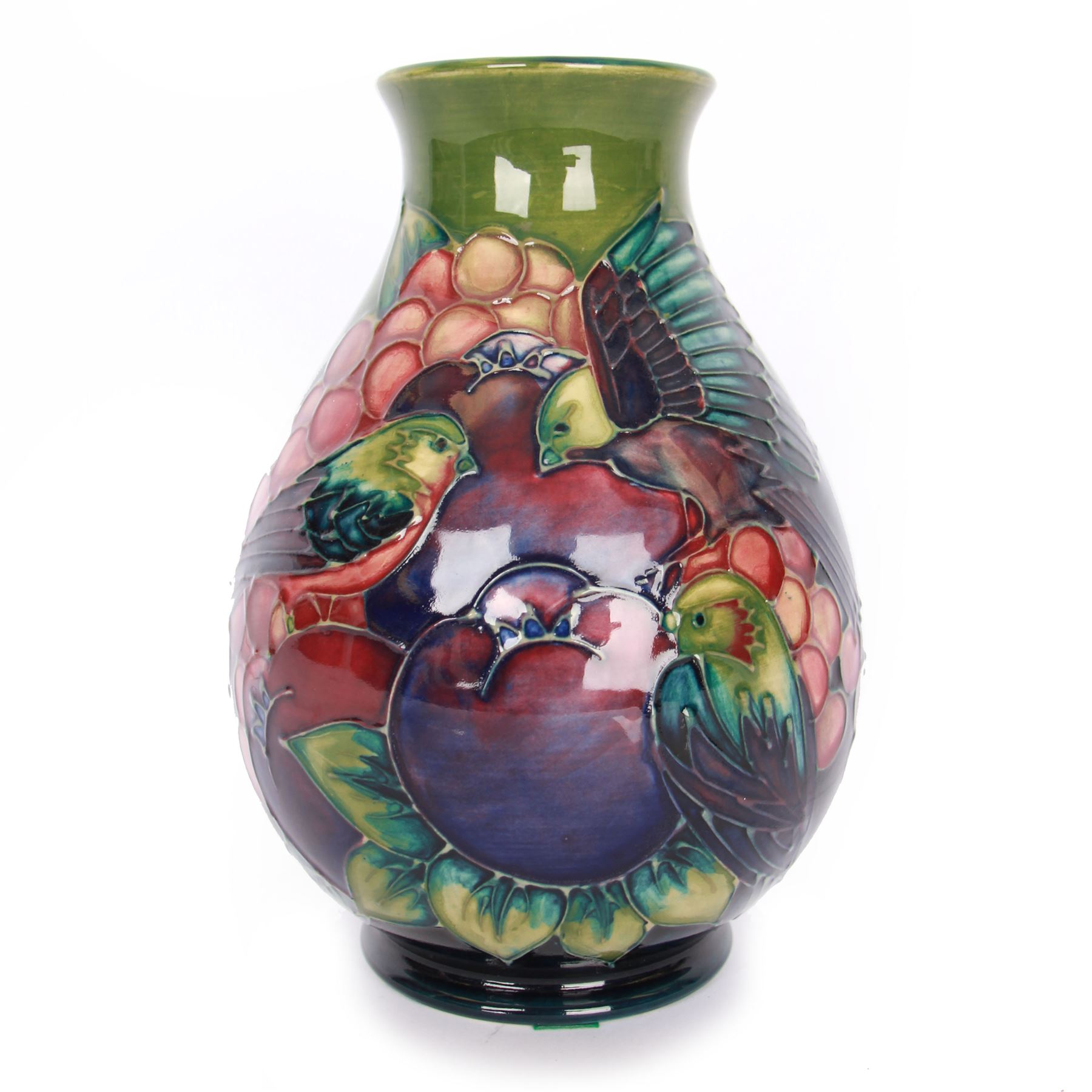 Moorcroft vase of baluster decorated in the Finches pattern with green ground, designed by Sally Tuffin, with makers mark beneath, H20cm