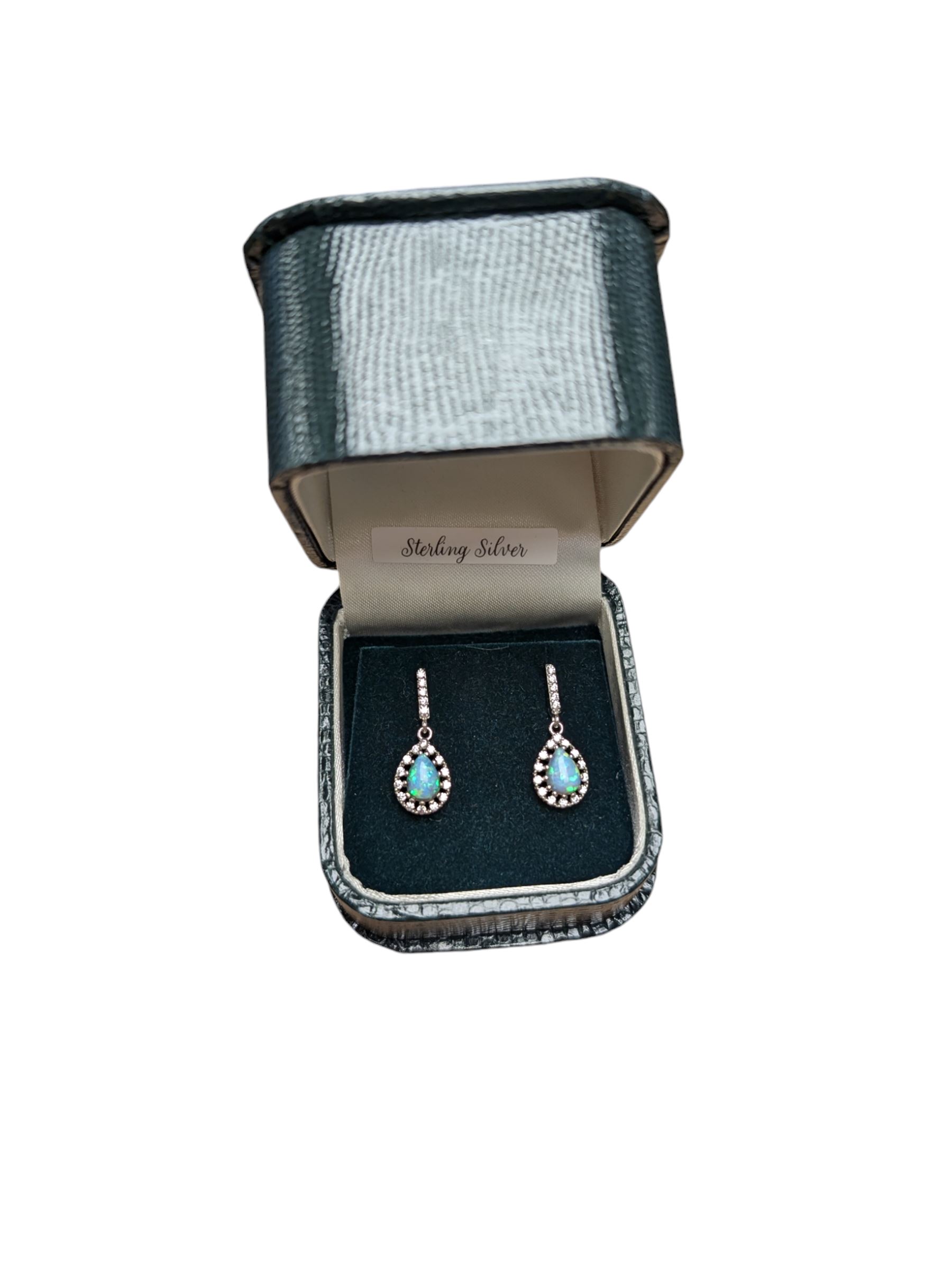 Pair of silver opal and cubic zirconia pendant earrings, boxed 