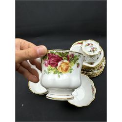 Royal Albert Old Country Roses tea service for six, comprising teapot, milk jug, open sucrier, cups and saucers, dessert plates, two trinket dishes covered jar and clock