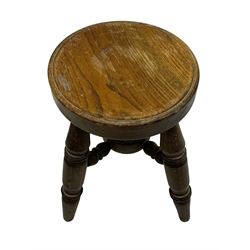 Victorian mother-of-pearl inlaid side chair; pair of miniature oak square stools; round stool; display stand with zigzag support column and brass dish; and a carved inlaid hardwood table top (6)