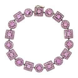 18ct black rhodium plated gold pink sapphire bracelet, alternate circular and square links...