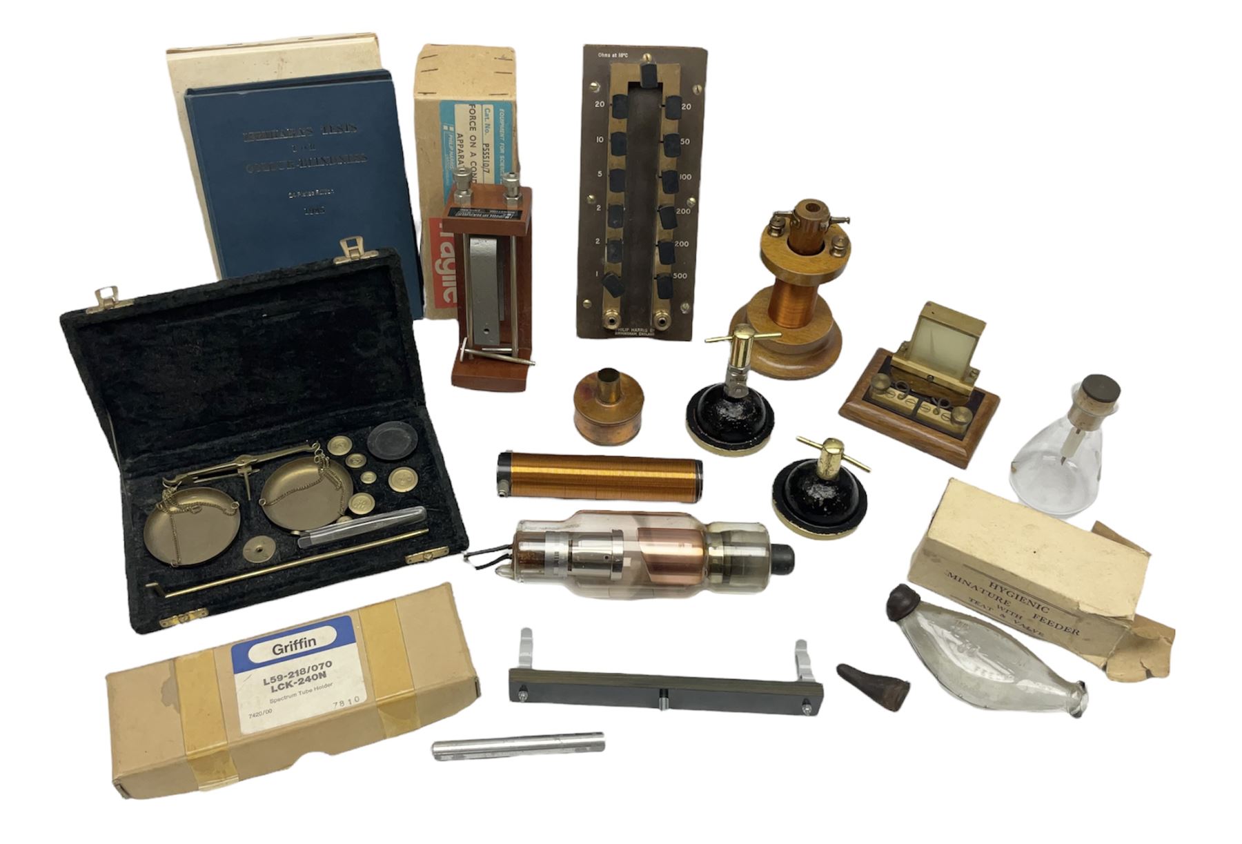 Collection of scientific and technical instruments etc including boxed 'Force on a Conductor' apparatus; vintage GPO resistance box; current deflection meter; vintage X-ray generator tube; small glass electroscope; two demonstrator solenoids; two magdeburg spheres; travelling balance scales etc; some by Philip Harris Ltd