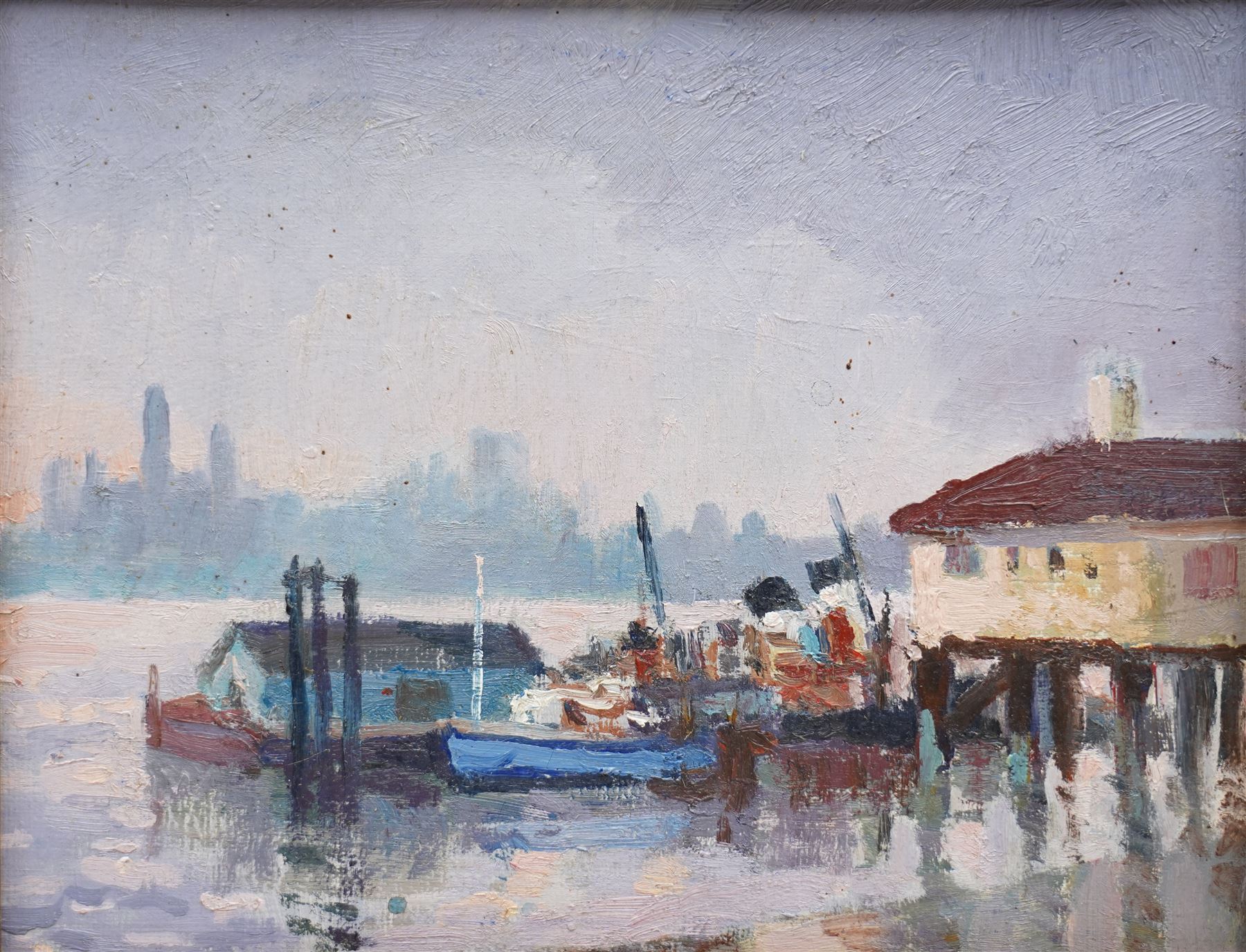 Attrib. Bernard John William Bowerman (Wapping Group 1905-1989): Jetty at Dusk, oil on board inscribed verso 19cm x 24cm