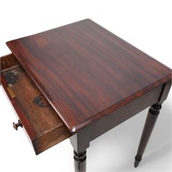 Small 19th century mahogany side table, rectangular top fitted with single drawer, raised on turned supports terminating to castors