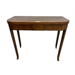 George III mahogany D-end tea table, fold-over top over figured frieze with geometric stringing, on square tapering supports with splayed terminals 