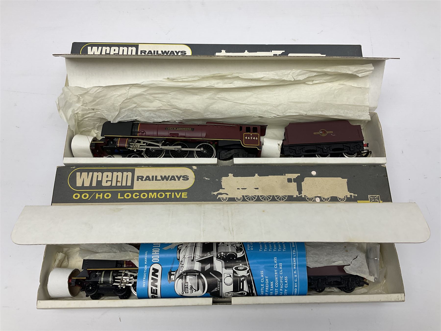 Wrenn '00' gauge - Princess Coronation (Duchess) Class 4-6-2 locomotive 'City of London' No.46245; boxed with tender and manual; and another similar bearing the nameplate 'City of Manchester' No.46246; in City of Birmingham box; both in BR Maroon (2)