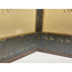 Two Oriental silk and wooden screens embroidered with birds and blossoming branches, largest H88cm 