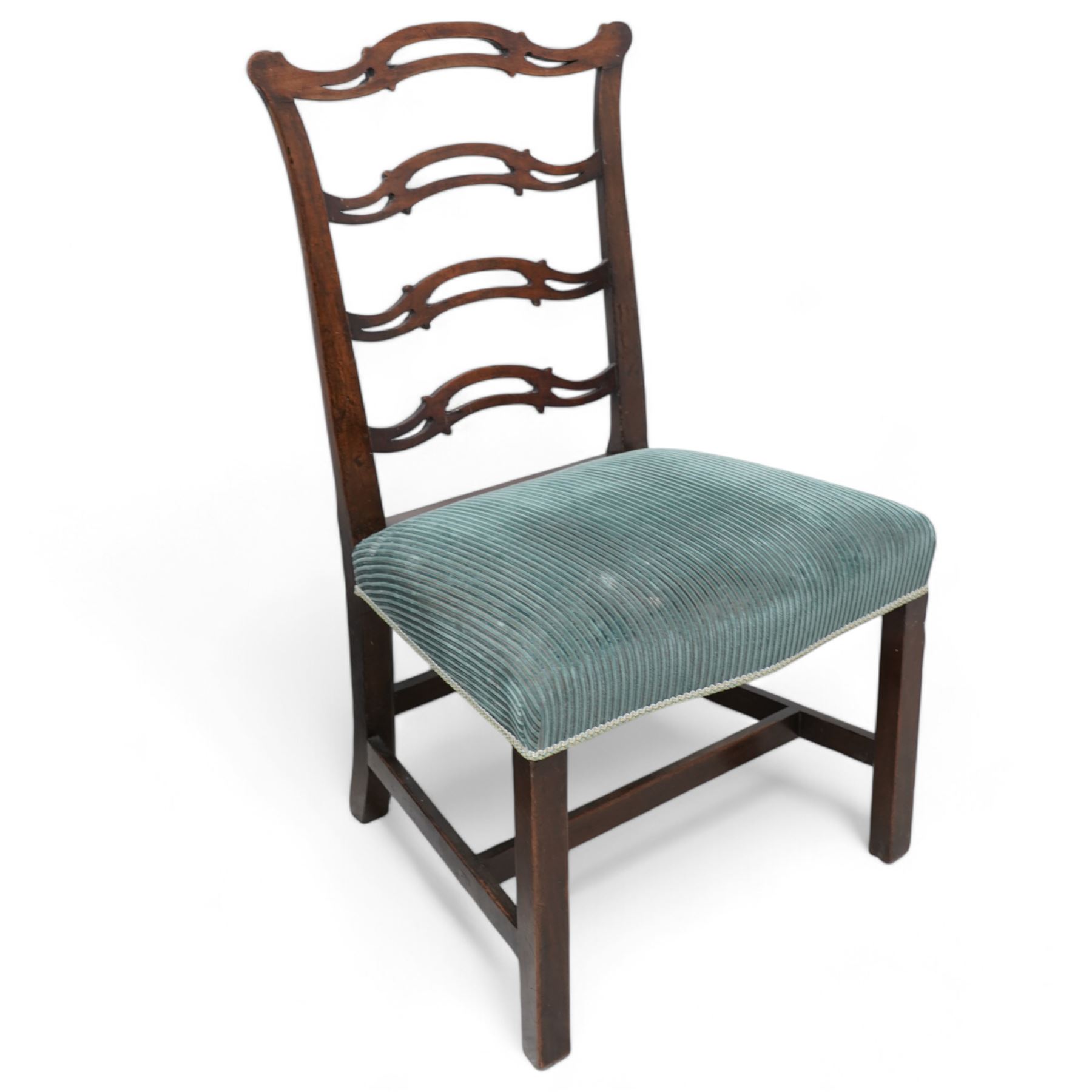 Set of four 19th century Chippendale design dining chairs, waived and pierced ladder back, upholstered in striped fabric, on square supports united by H-stretchers 