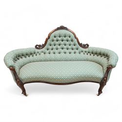 Victorian walnut framed settee, stepped arch back carved with cartouche pediment over scro...