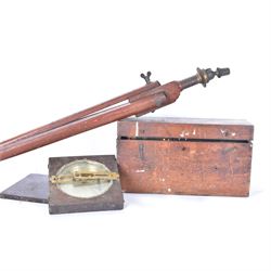 19th century mahogany surveyors compass, with silvered dial, upon a mahogany tripod, together with a surveyors dumpy level, in fitted mahogany box, compass on tripod H110cm