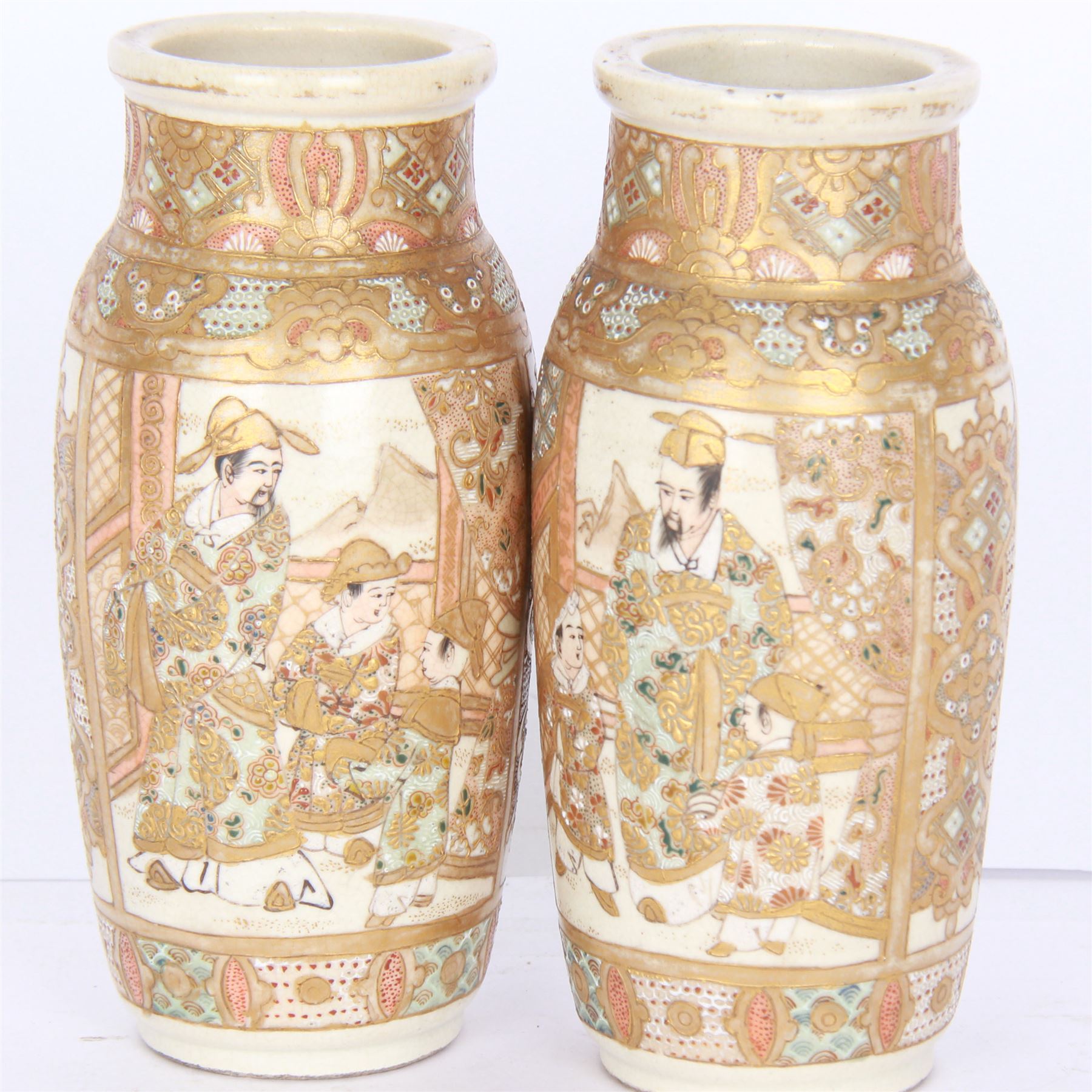 Pair of Japanese satsuma vases with panels decorated with figures, H18cm