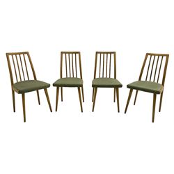 Set of four mid-20th century beech framed dining chairs, vertical slat back over upholstered seats, on tapering supports