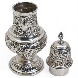 Edwardian embossed silver caster decorated with flowers, foliage etc H16cm Chester 1905 Maker George Nathan & Ridley Hayes