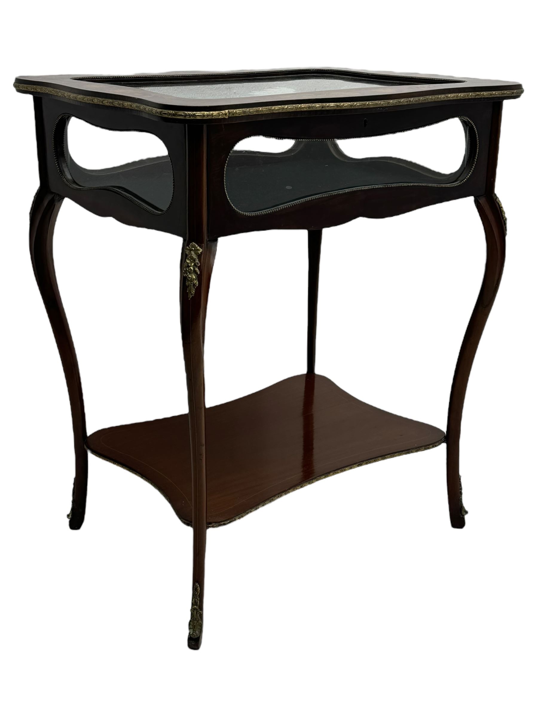 Late 19th century inlaid mahogany bijouterie table, glazed hinged top with floral marquetry, enclosing a felt-lined interior, lower shelf, ormolu mounts on cabriole supports with gilt accents