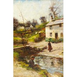 Joshua Anderson Hague (British 1850-1916): Boy Fishing in the Stream, oil on canvas signed 49cm x 34cm