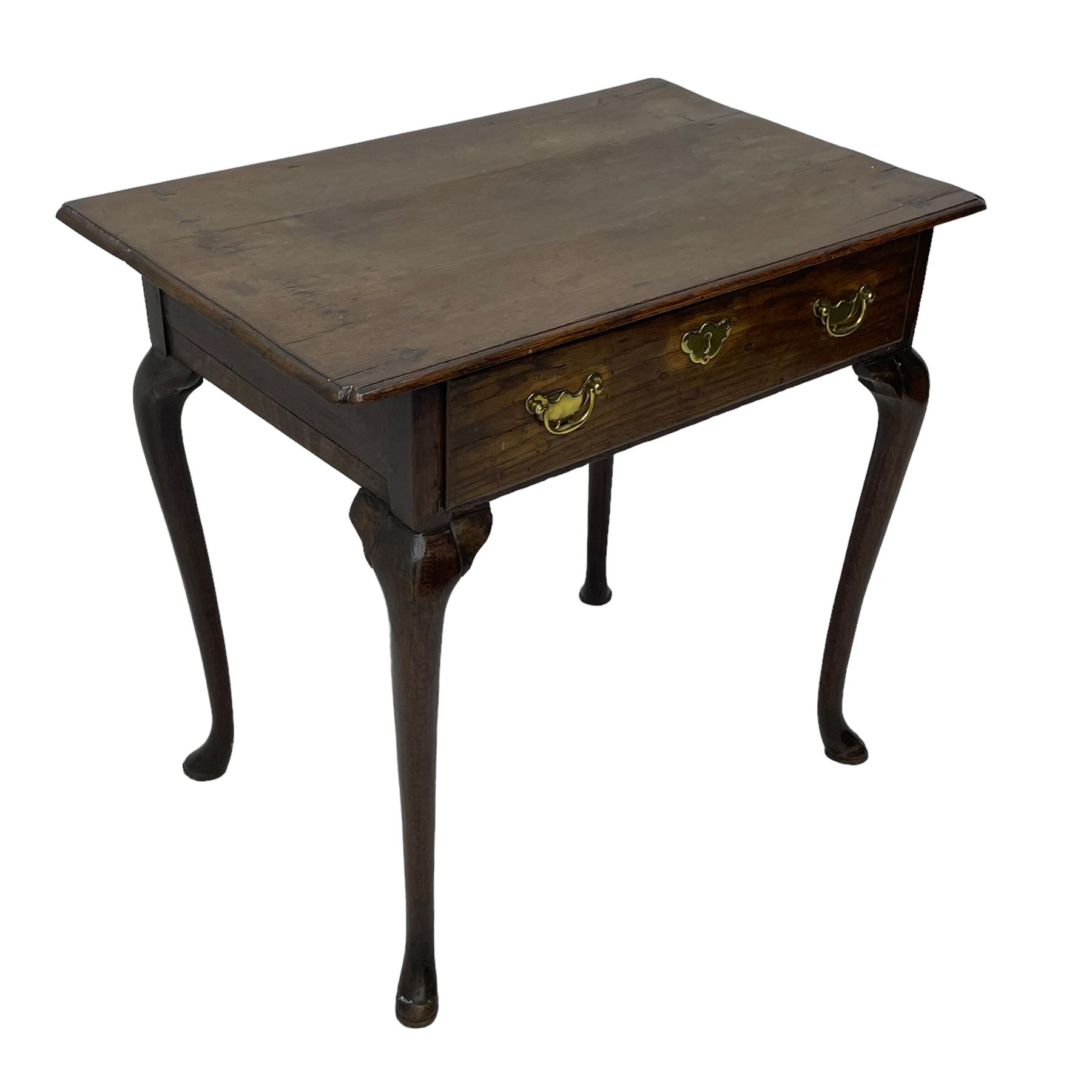 George III oak low-boy, moulded rectangular top with shaped corners, fitted with single drawer, shaped brass handle plates and escutcheon, on cabriole supports 