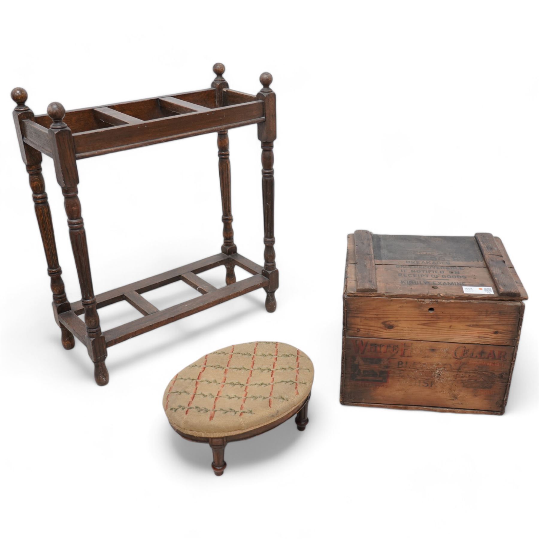 'White Horse Cellar' wooden box; 20th century beech stick stand; small Victorian stool (3)