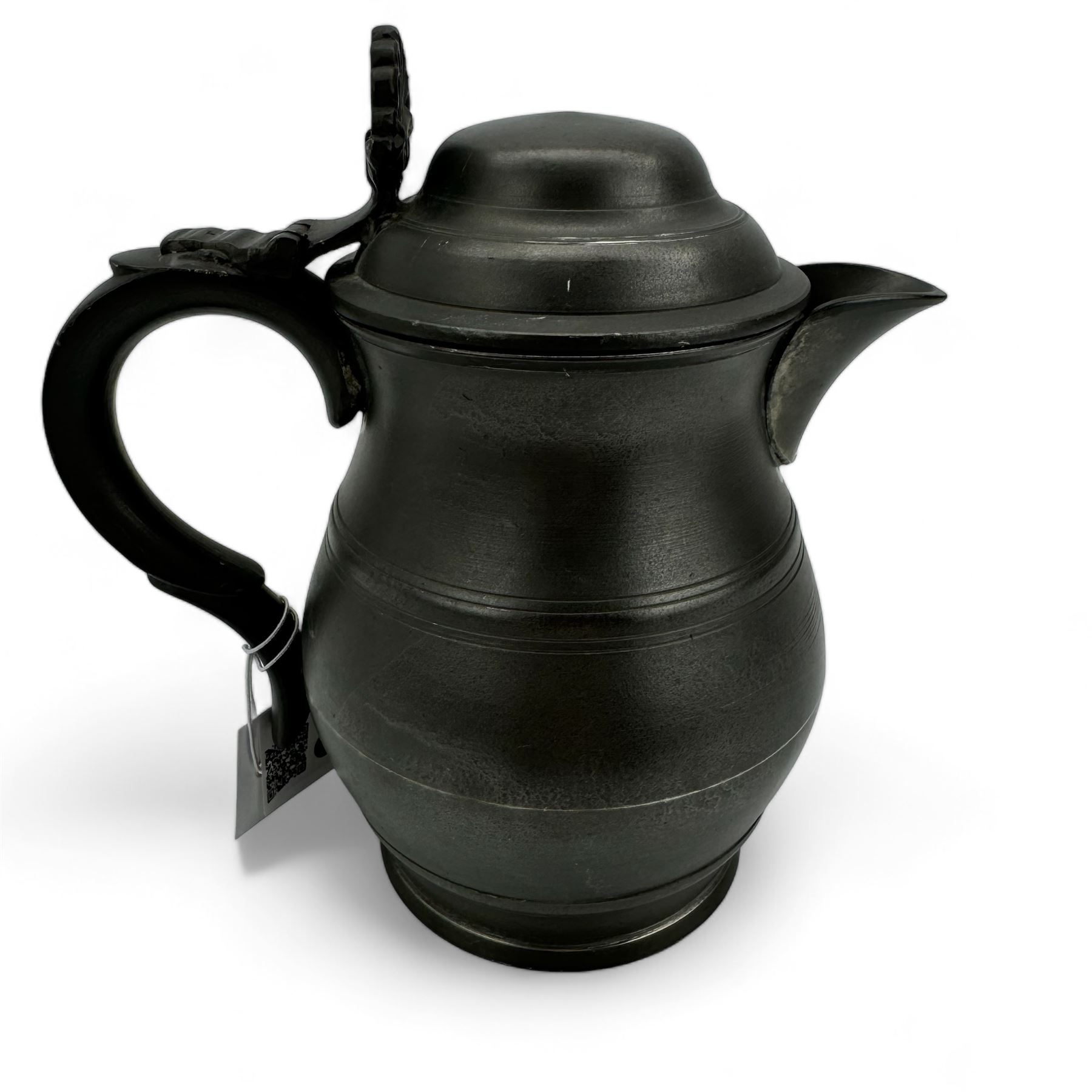 18th century pewter ale jug, circa 1790, with domed tappit lid and shell thumb piece, touch marks to base, H22cm