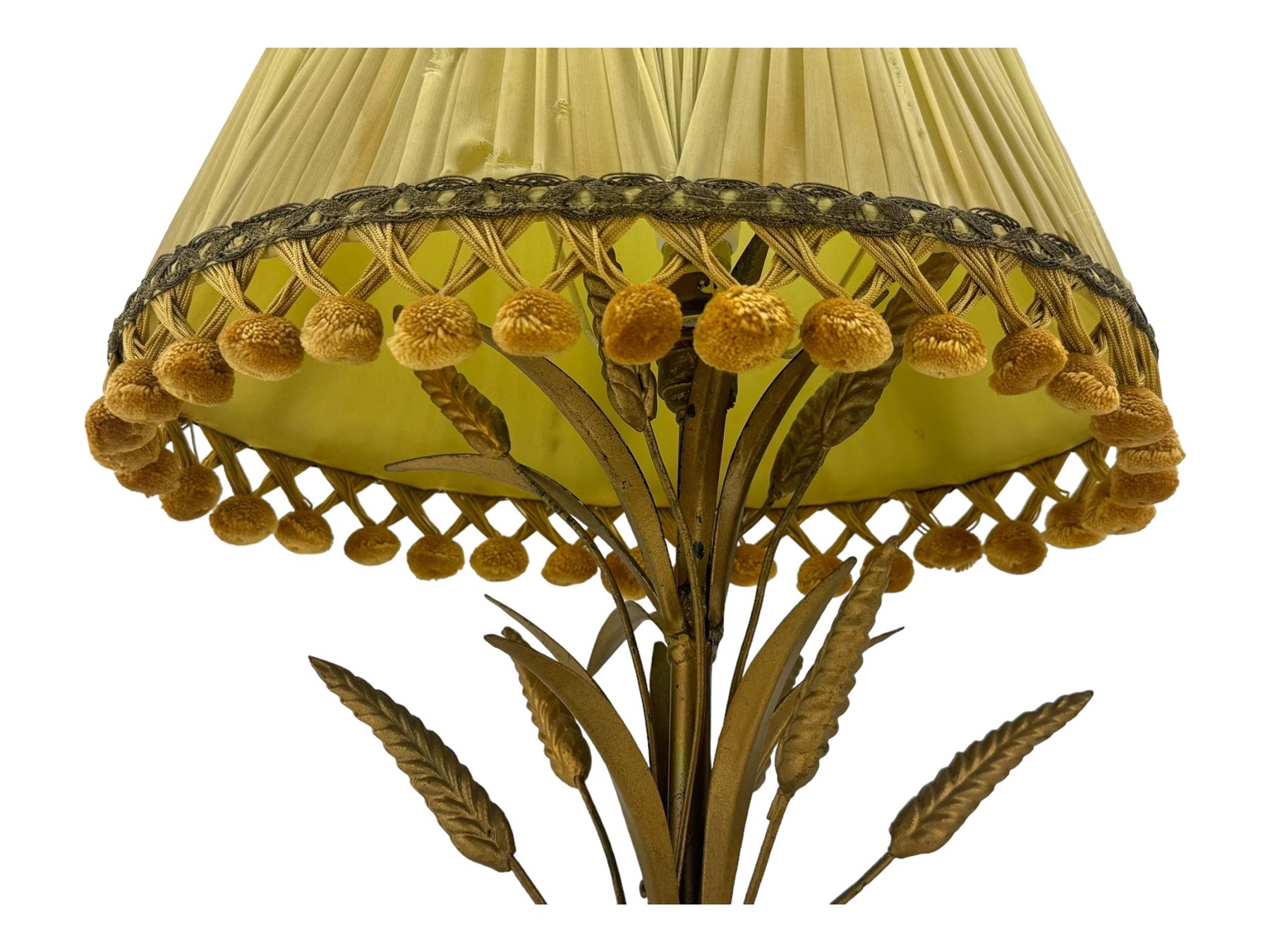 Italian mid century wheatsheaf design gilt and lacquer table lamp, on circular base with shade, H74cm overall, a three branch table lamp modelled as a candelabra, and one other table lamp (3)