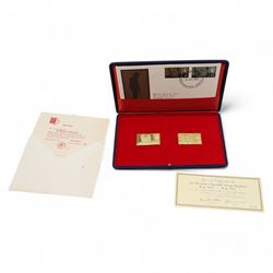 'Sir Winston Churchill Stamp Replicas' set of two hallmarked eighteen carat gold stamp replica ingots, total weight approximately 40.3 grams, cased with certificate and commemorative stamp cover