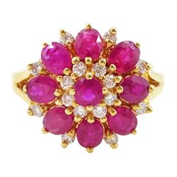 18ct gold oval and round cut ruby and round brilliant cut diamond cluster ring, stamped 750