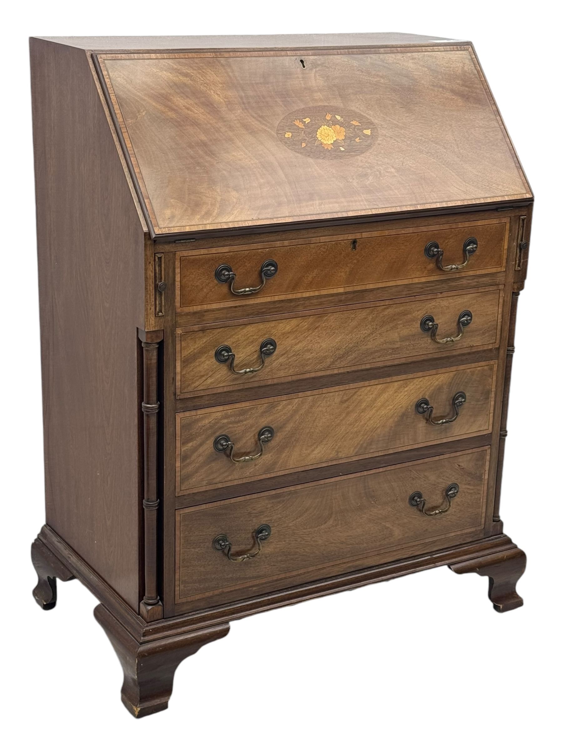 Georgian design mahogany bureau, moulded fall front with central floral inlays and satinwood band, fitted with four graduating drawers enclosed by ring turned pillars, on ogee bracket feet 