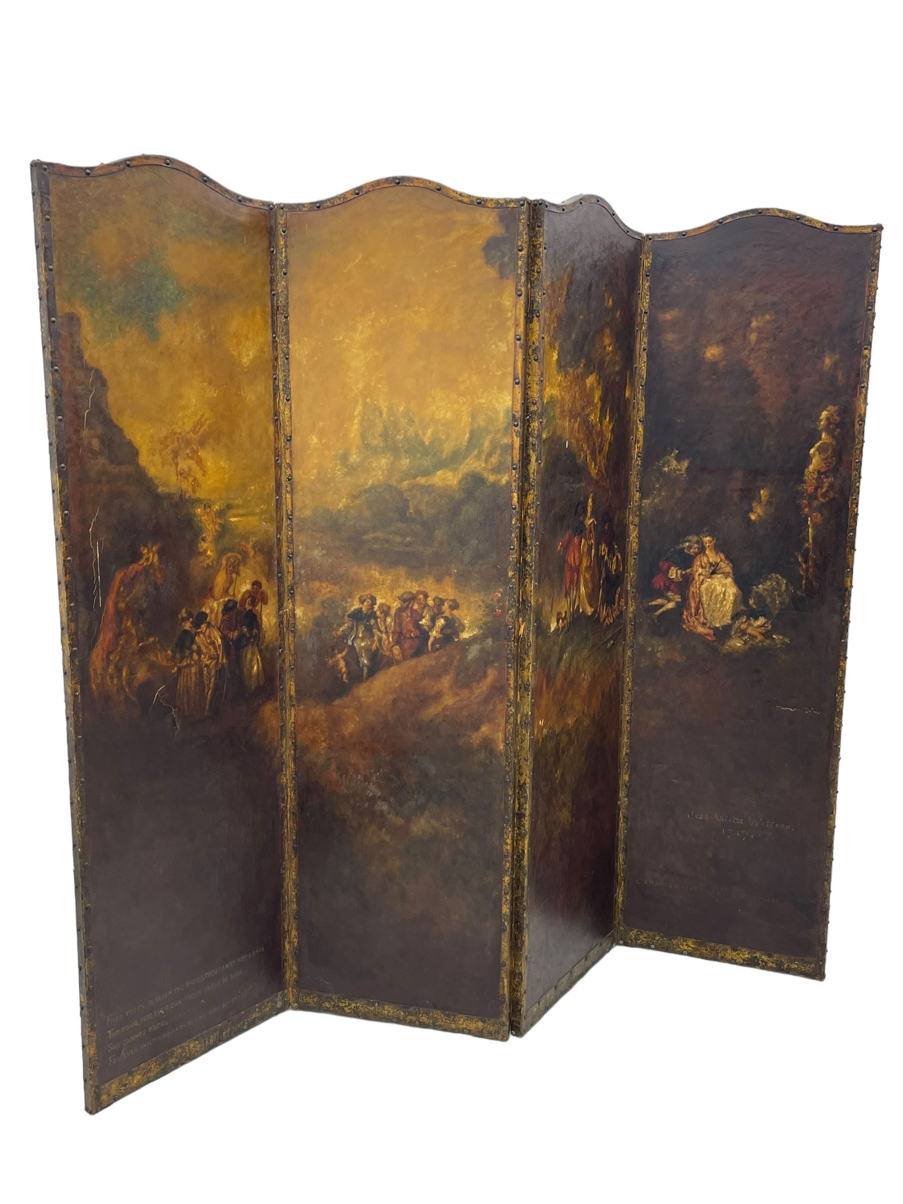 19th century four panel folding room screen, each leather panel painted with scenes from 'The Embarkation for Cythera' after Jean-Antoine Watteau (French 1684-1721), depicting a fête galante celebration with amorous couples and Cupids, with them a gilt statue of Venus, set within a classical capriccio landscape on the Greek island of Cythera, inscribed and titled verso with a verse from 'Ode on a Grecian Urn' by John Keats