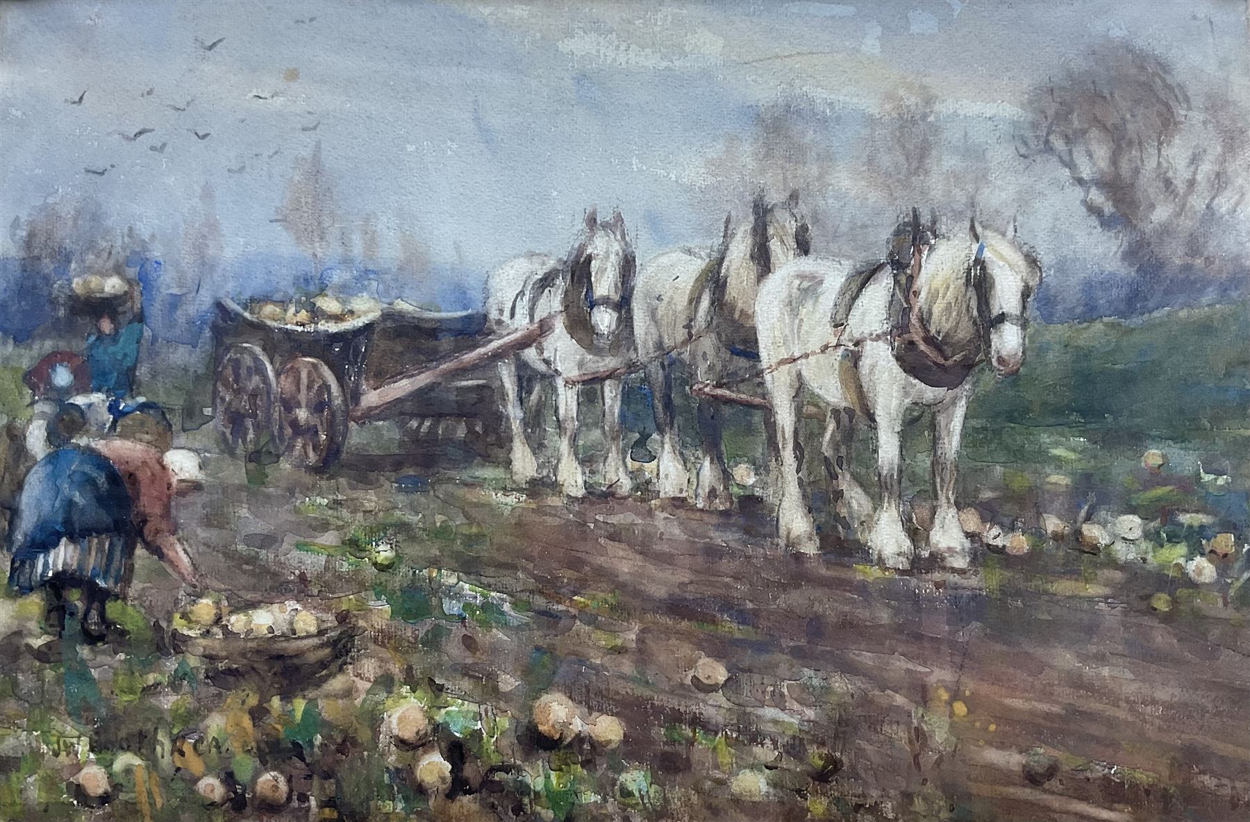 James William Booth (Staithes Group 1867-1953): The Turnip Pickers, watercolour signed 31cm x 48cm 
Provenance: private collection, purchased Phillips Leeds 16th October 1991 Lot 29