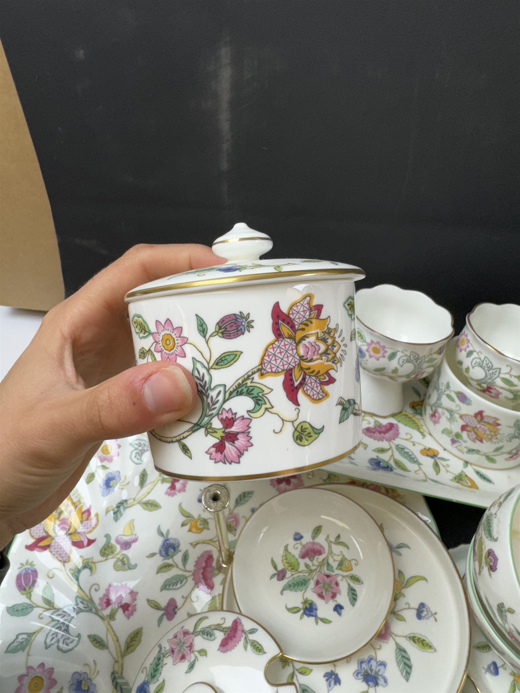 Minton Haddon Hall part tea and service, including teapot, milk jug, covered sucrier, cake stand, jardinier etc  