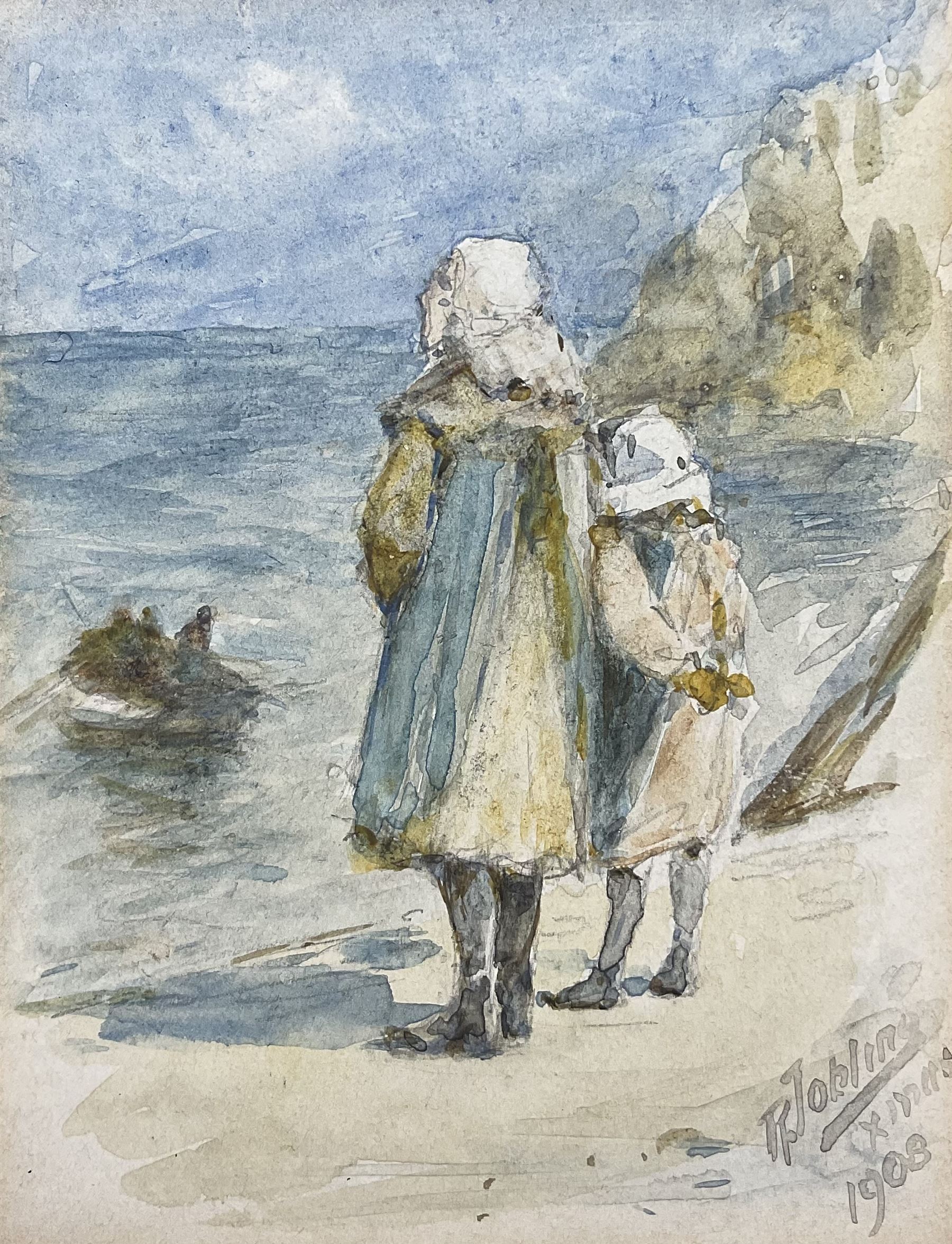 Robert Jobling (Staithes Group 1841-1923): Two Girls Looking Out to Sea at Staithes, watercolour signed and dated 'Xmas 1908', inscribed verso 11cm x 8.5cm