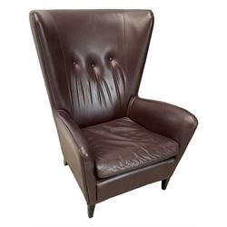 Wing back armchair upholstered in cocoa brown leather