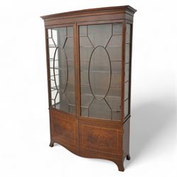 Edwardian mahogany and satinwood bow-fronted display cabinet, moulded dentil cornice over ...