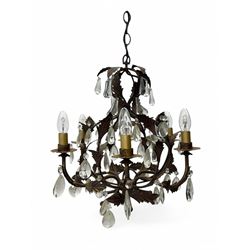 20th century distressed gilt tole chandelier, with six curved leaf clasped scrolling arms ...