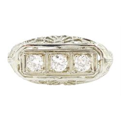 18ct white gold three stone transitional cut diamond ring, with openwork filigree gallery ...