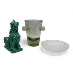 Large green glass ice bucket, of Deco design with faceted body and two globular handles, u...