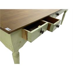 Large 20th century farmhouse style dining table, rectangular oak top on pale green painted base fitted with drawers, on turned supports