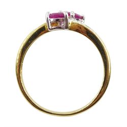Silver-gilt pear shaped ruby ring, with diamond set shoulders, stamped 925