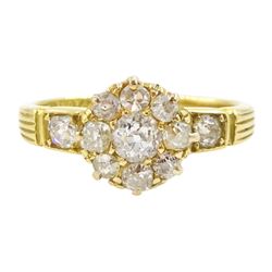 Victorian 18ct gold old cut diamond cluster ring, with ridged design shank, Birmingham 189...