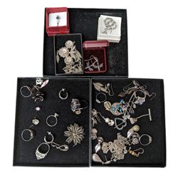 Silver and costume jewellery, including earrings, rings, brooches, etc